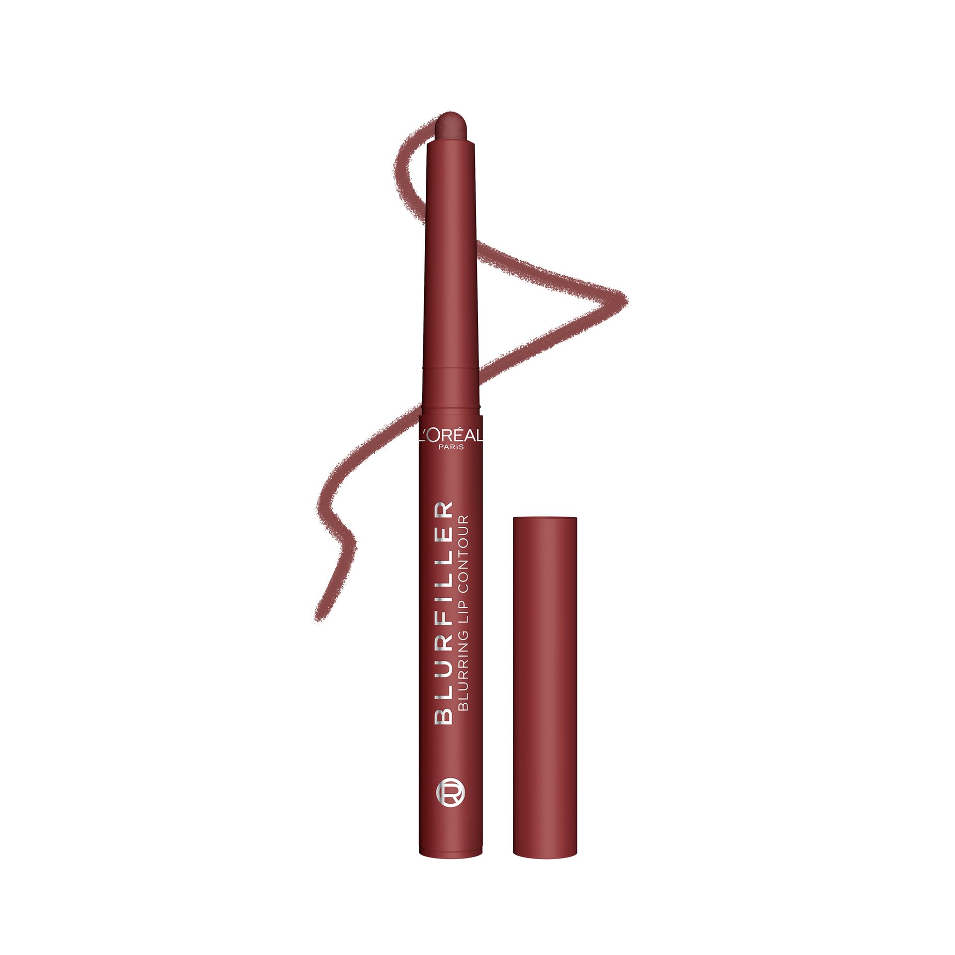 Un crayon L'Oréal Blurfiller Blurring Lip Contour unique dans une teinte rouge profond ou bordeaux, présenté sur un fond noir. Le crayon porte le logo L'Oréal et le nom du produit, avec sa pointe rétractable étendue et un capuchon assorti à côté