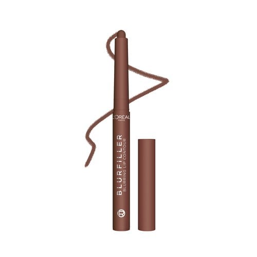 single L'Oréal Blurfiller Blurring Lip Contour pencil in a medium warm brown shade, shown against a black background. The pencil features the L'Oréal logo and product name, with its retractable tip extended and a matching cap beside it