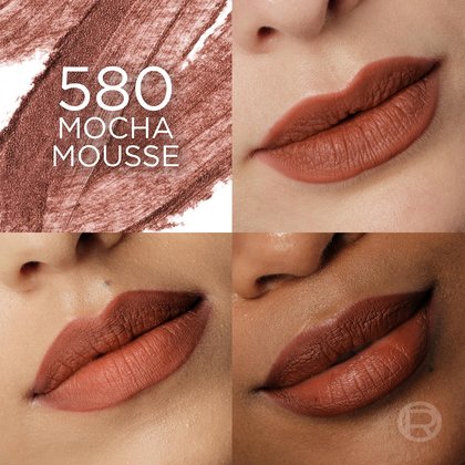 A four-panel image showcasing L'Oréal's '580 Mocha Mousse' lip product. The top-left panel features a textured swatch of a warm, medium brown shade with the text '580 MOCHA MOUSSE'. The other three panels are close-up views of models' lips wearing the 'Mocha Mousse' lip shade, illustrating how it appears on different skin tones, from fair to dark