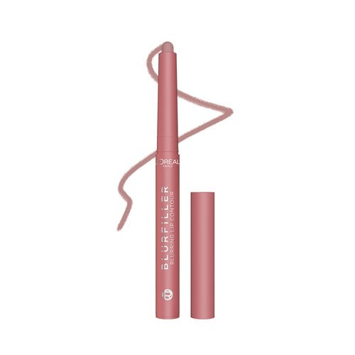 Un crayon L'Oréal Blurfiller Blurring Lip Contour unique dans une teinte mauve rosé, présenté sur un fond noir. Le crayon porte le logo L'Oréal et le nom du produit, avec sa pointe rétractable étendue et un capuchon assorti à côté