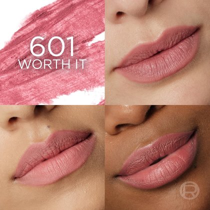 A four-panel image showcasing L'Oréal's '601 Worth It' lip product. The top-left panel features a textured swatch of a cool-toned rosy-pink or mauve shade with the text '601 WORTH IT'. The other three panels are close-up views of models' lips wearing the 'Worth It' lip shade, illustrating how it appears on different skin tones, from fair to dark.