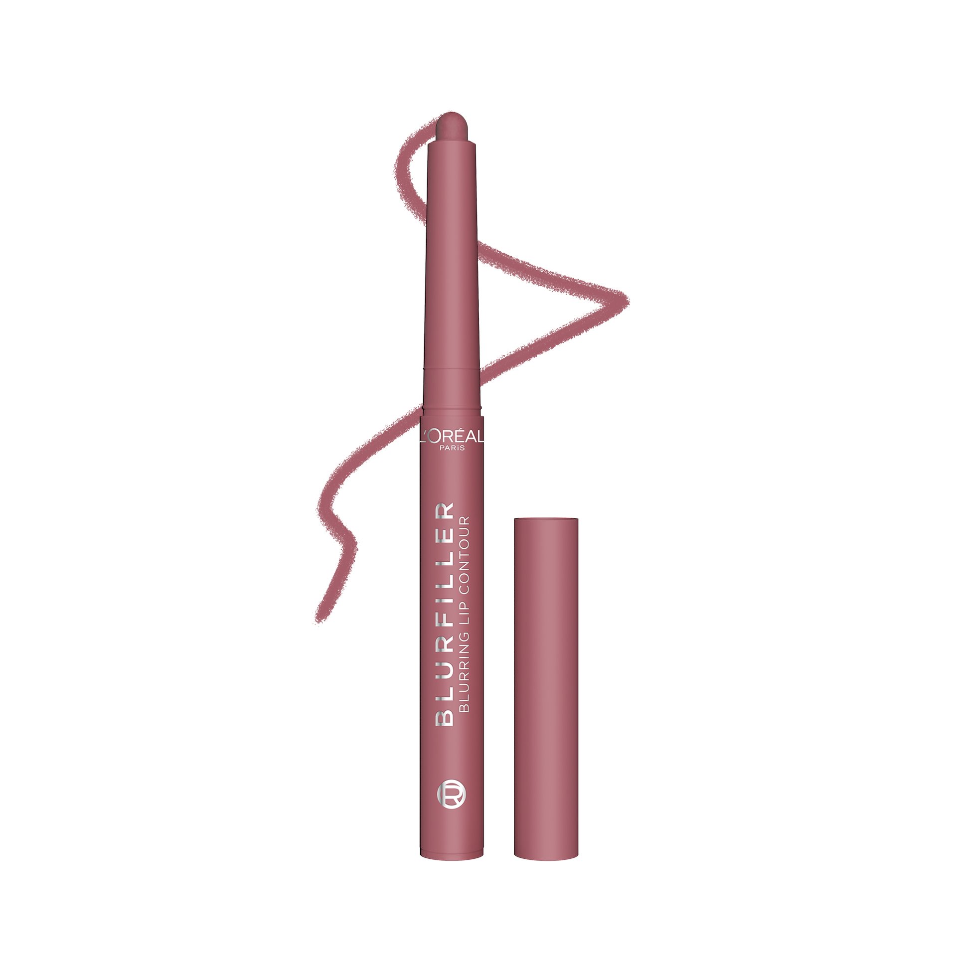 A single L'Oréal Blurfiller Blurring Lip Contour pencil in a rich dark brown shade, shown against a black background. The pencil features the L'Oréal logo and product name, with its retractable tip extended and a matching cap beside it.