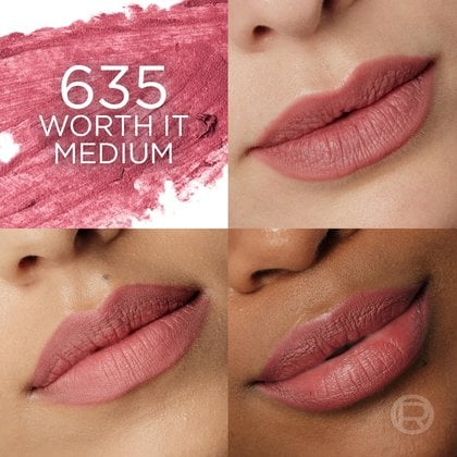 A four-panel image showcasing L'Oréal's '635 Worth It Medium' lip product. The top-left panel features a textured swatch of a medium, rosy-mauve shade with the text '635 WORTH IT MEDIUM'. The other three panels are close-up views of models' lips wearing the 'Worth It Medium' lip shade, illustrating how it appears on different skin tones, from fair to dark.