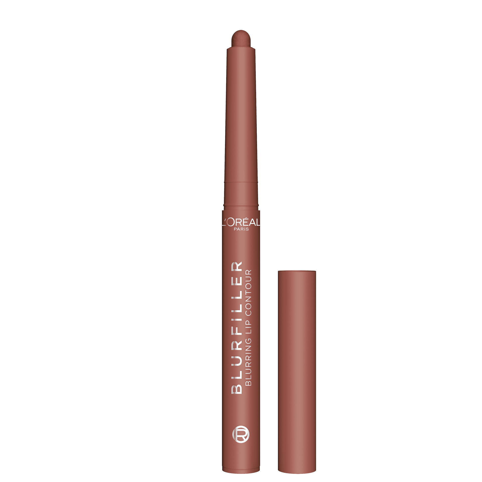 A single L'Oréal Blurfiller Blurring Lip Contour pencil in a light nude-brown shade, shown against a black background. The pencil features the L'Oréal logo and product name, with its retractable tip extended and a matching cap beside it.