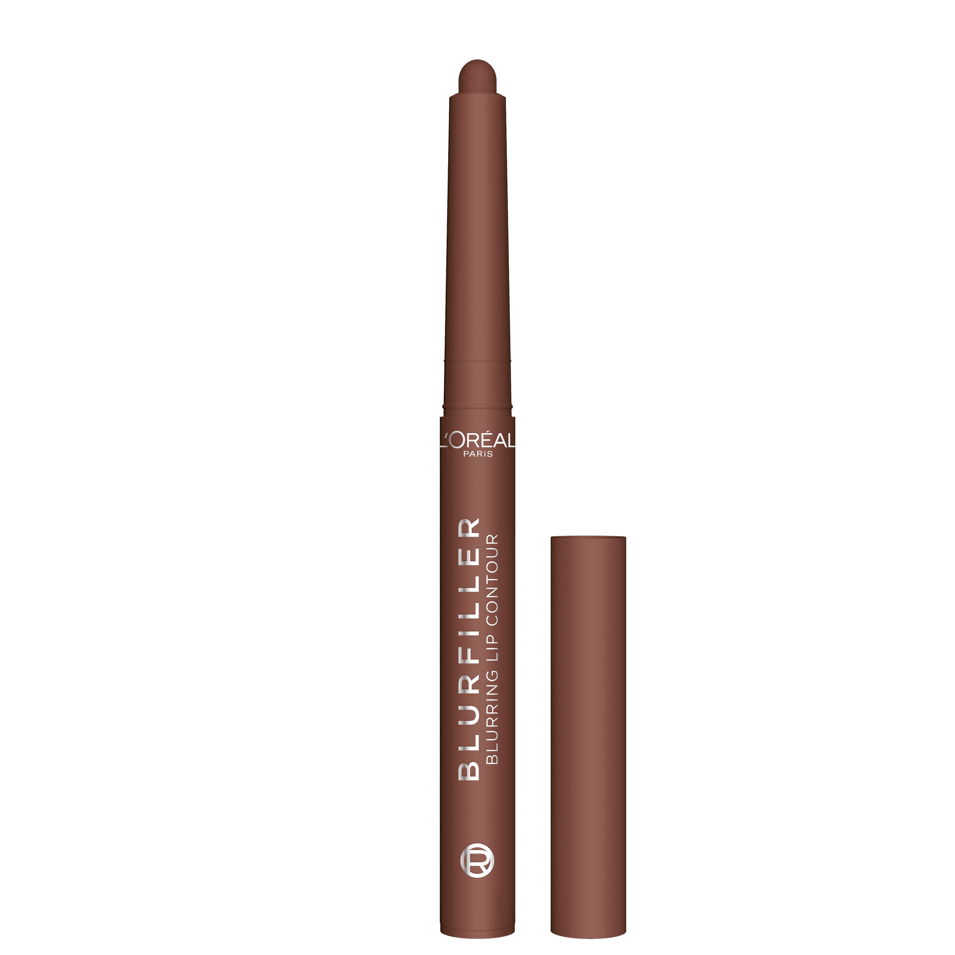  single L'Oréal Blurfiller Blurring Lip Contour pencil in a medium warm brown shade, shown against a black background. The pencil features the L'Oréal logo and product name, with its retractable tip extended and a matching cap beside it