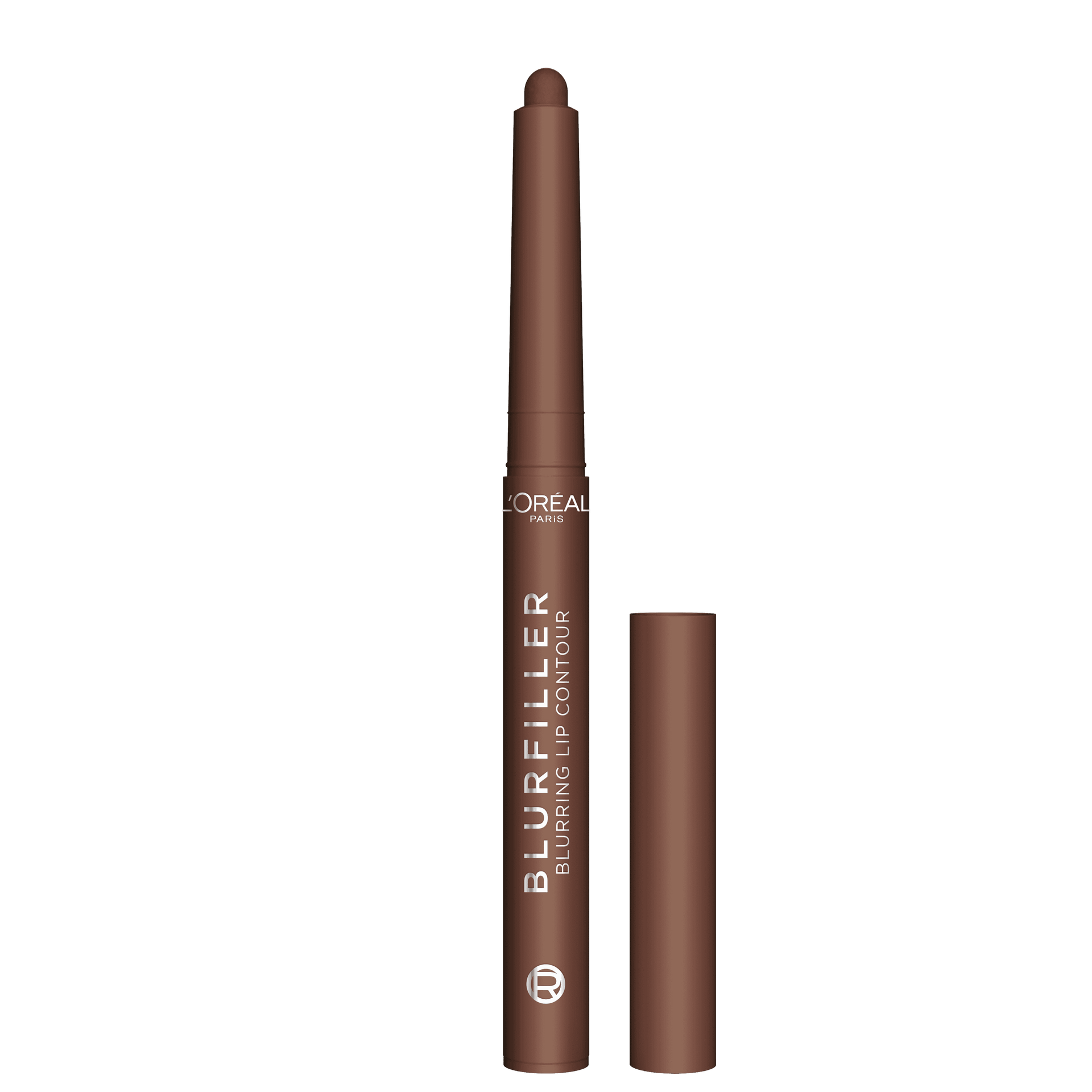 A single L'Oréal Blurfiller Blurring Lip Contour pencil in a rosy-mauve shade, shown against a black background. The pencil features the L'Oréal logo and product name, with its retractable tip extended and a matching cap beside it