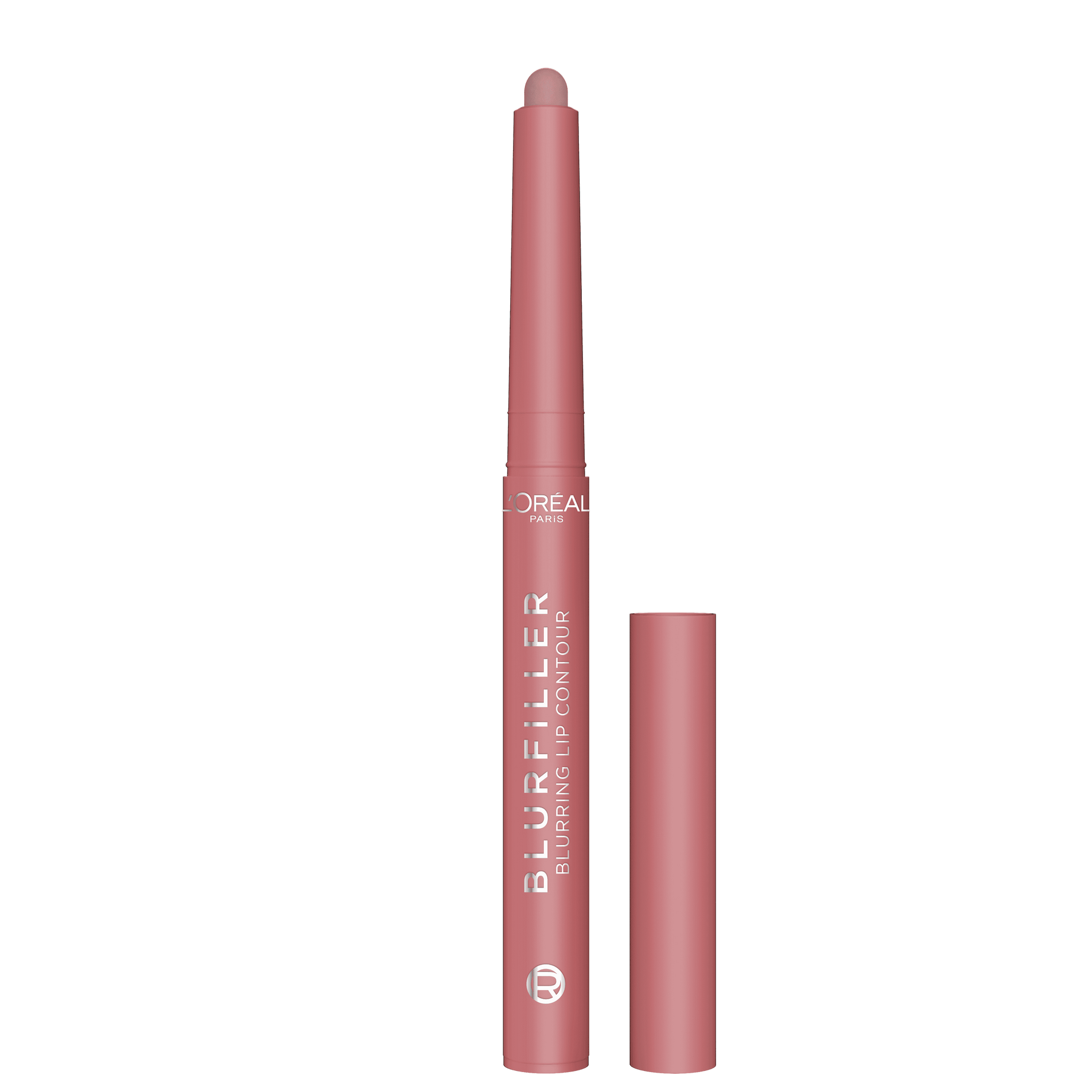 A single L'Oréal Blurfiller Blurring Lip Contour pencil in a rosy-mauve shade, shown against a black background. The pencil features the L'Oréal logo and product name, with its retractable tip extended and a matching cap beside it