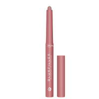 Un crayon L'Oréal Blurfiller Blurring Lip Contour unique dans une teinte mauve rosé, présenté sur un fond noir. Le crayon porte le logo L'Oréal et le nom du produit, avec sa pointe rétractable étendue et un capuchon assorti à côté