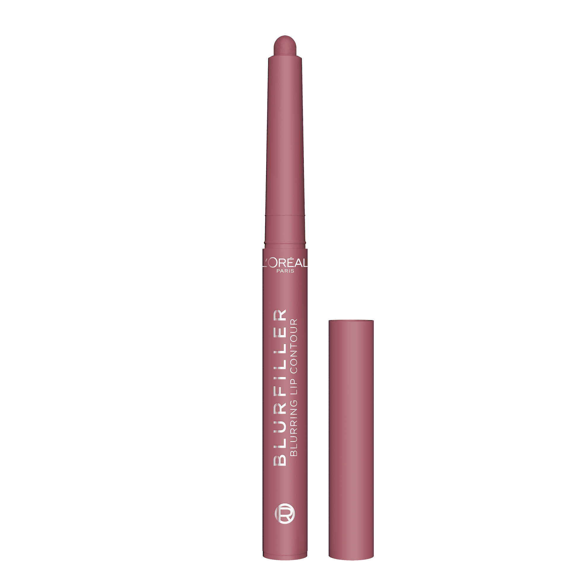 A single L'Oréal Blurfiller Blurring Lip Contour pencil in a rich dark brown shade, shown against a black background. The pencil features the L'Oréal logo and product name, with its retractable tip extended and a matching cap beside it.