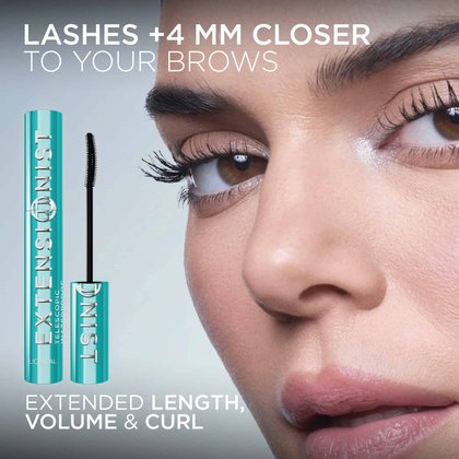 A grid of six images showing before-and-after results of mascara application on three different eyes with varying skin tones. The "BEFORE" column shows natural lashes, and the "AFTER" column shows significantly extended and volumized lashes. The title reads "EXTENSION-LIKE LASH IMPACT."