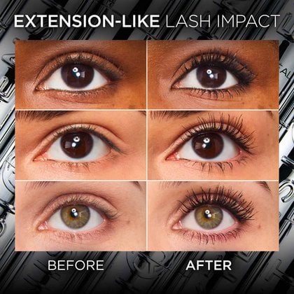 A grid of six images showing before-and-after results of mascara application on three different eyes with varying skin tones. The "BEFORE" column shows natural lashes, and the "AFTER" column shows significantly extended and volumized lashes. The title reads "EXTENSION-LIKE LASH IMPACT."