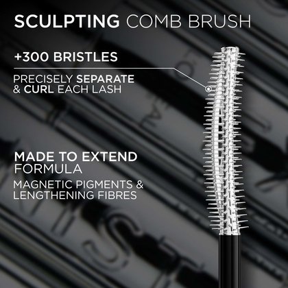 A detailed close-up of the "Sculpting Comb Brush" of the L'Oréal Telescopic Extensionist mascara. Text highlights its features: "+300 BRISTLES," "PRECISELY SEPARATE & CURL EACH LASH," and "MADE TO EXTEND FORMULA (MAGNETIC PIGMENTS & LENGTHENING FIBRES)."