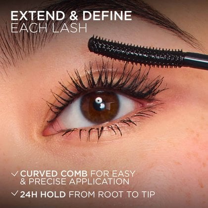 A close-up of an eye with a mascara wand applying L'Oréal Telescopic Extensionist mascara, creating long, defined lashes. Text highlights: "EXTEND & DEFINE EACH LASH," "CURVED COMB FOR EASY & PRECISE APPLICATION," and "24H HOLD FROM ROOT TO TIP."