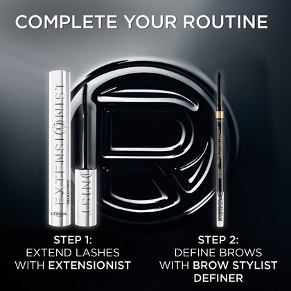 A dark background displays two L'Oréal products against a shiny logo. On the left, a silver tube of "Telescopic Extensionist Mascara" is shown with "STEP 1: EXTEND LASHES WITH EXTENSIONIST." On the right, a black "Brow Stylist Definer" is shown with "STEP 2: DEFINE BROWS WITH BROW STYLIST DEFINER." The title reads "COMPLETE YOUR ROUTINE."