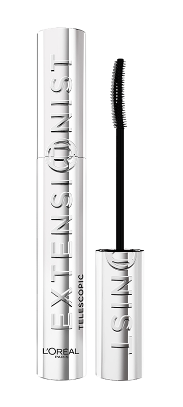  A close-up shot of a L'Oréal Paris "Extensioinist" mascara in a sleek silver tube. The tube is standing upright with the brand name "L'OREAL PARIS" at the bottom, "TELESCOPIC" below the main product name, and "EXTENS IONIST" written vertically in a silver, metallic font. To its right, the same mascara tube is shown open, revealing a black, slender mascara wand with fine bristles.