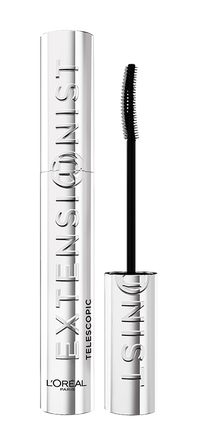 &nbsp;A close-up shot of a L'Oréal Paris "Extensioinist" mascara in a sleek silver tube. The tube is standing upright with the brand name "L'OREAL PARIS" at the bottom, "TELESCOPIC" below the main product name, and "EXTENS IONIST" written vertically in a silver, metallic font. To its right, the same mascara tube is shown open, revealing a black, slender mascara wand with fine bristles.