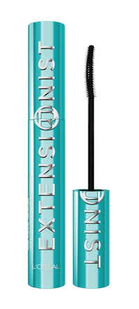 Une vue rapprochée d'un mascara L'Oréal Paris "Extensioinist" dans un élégant tube argenté. Le tube est posé à la verticale avec le nom de la marque "L'OREAL PARIS" en bas, "TELESCOPIC" sous le nom principal du produit, et "EXTENS IONIST" écrit verticalement dans une police argentée et métallique. À sa droite, le même tube de mascara est montré ouvert, révélant une brosse de mascara noire et fine avec des picots délicats.