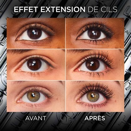Une grille de six images comparatives avant et après montrant des cils allongés et volumisés sur des yeux de différentes couleurs et carnations, avec le titre "EFFET EXTENSION DE CILS".