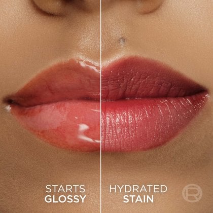 A split image showing lips: the left side with a glossy effect ('STARTS GLOSSY') of the 'WORTH IT' shade and the right side with a matte, stained finish ('HYDRATED STAIN') of the same color