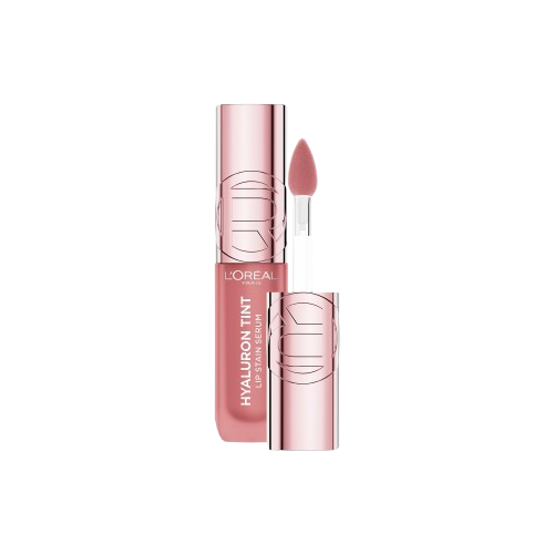 Un flacon ouvert du L'Oréal Paris Hyaluron Tint Lip Stain Serum, avec l'applicateur sorti, montrant la teinte rose clair du produit.