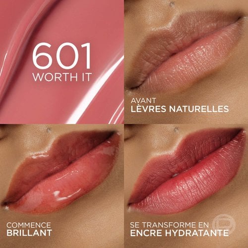 Un collage de quatre images présentant la teinte '601 WORTH IT'. La première montre des lèvres nues avant l'application, la deuxième le produit en finition brillante ('STARTS GLOSSY'), et la troisième la finition mate et teintée ('SETS TO A HYDRATED STAIN'). Un fond rose-corail avec le numéro de la teinte et son nom est en haut à gauche.