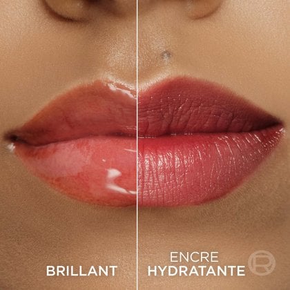 Une image divisée montrant des lèvres : le côté gauche avec un effet brillant ('STARTS GLOSSY') de la teinte 'WORTH IT' et le côté droit avec une finition mate et teintée ('HYDRATED STAIN') de la même couleur.