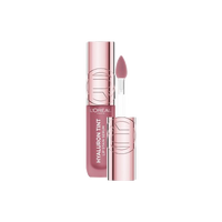 An open bottle of L'Oréal Paris Hyaluron Tint Lip Stain Serum, with the applicator pulled out, displaying the light pink or nude shade of the product