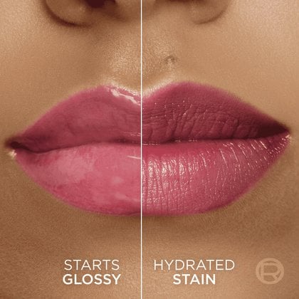 A split image showing lips: the left side with a glossy effect ('BRILLANT') and the right side with a matte, stained finish ('ENCRE HYDRATANTE'). The shade is a pink-mauve.