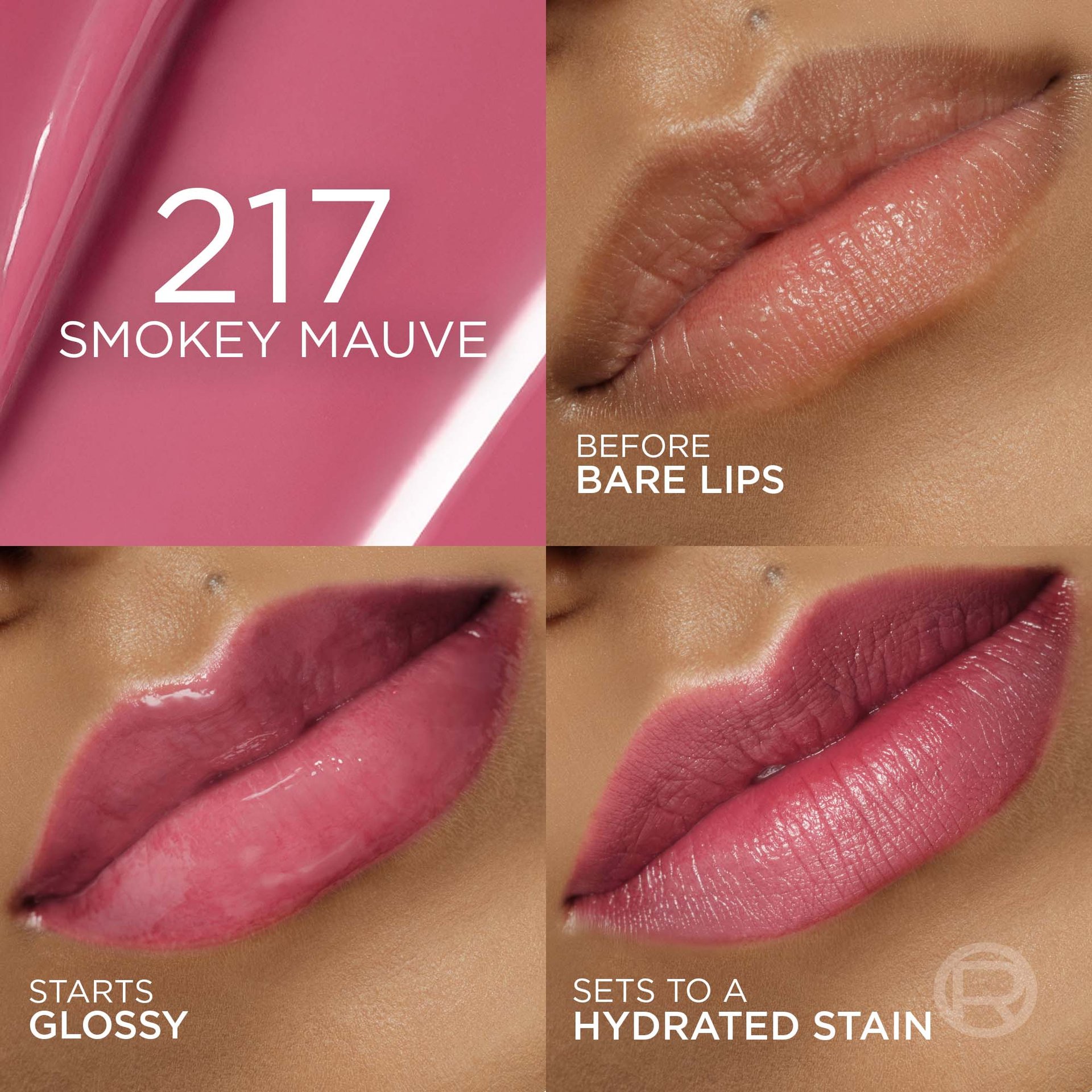 A four-panel collage showcasing the '217 SMOKEY MAUVE' shade. The first panel shows bare lips ('AVANT LÈVRES NATURELLES'), the second shows the product with a glossy finish ('COMMENCE BRILLANT'), and the third shows the matte, stained finish ('SE TRANSFORME EN ENCRE HYDRATANTE'). A mauve background with the shade number and name is in the top left