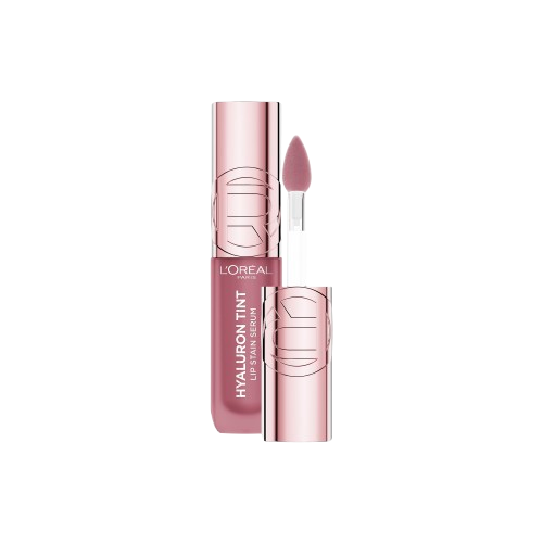 Un flacon ouvert du L'Oréal Paris Hyaluron Tint Lip Stain Serum, avec l'applicateur sorti, montrant la teinte marron clair ou nude du produit