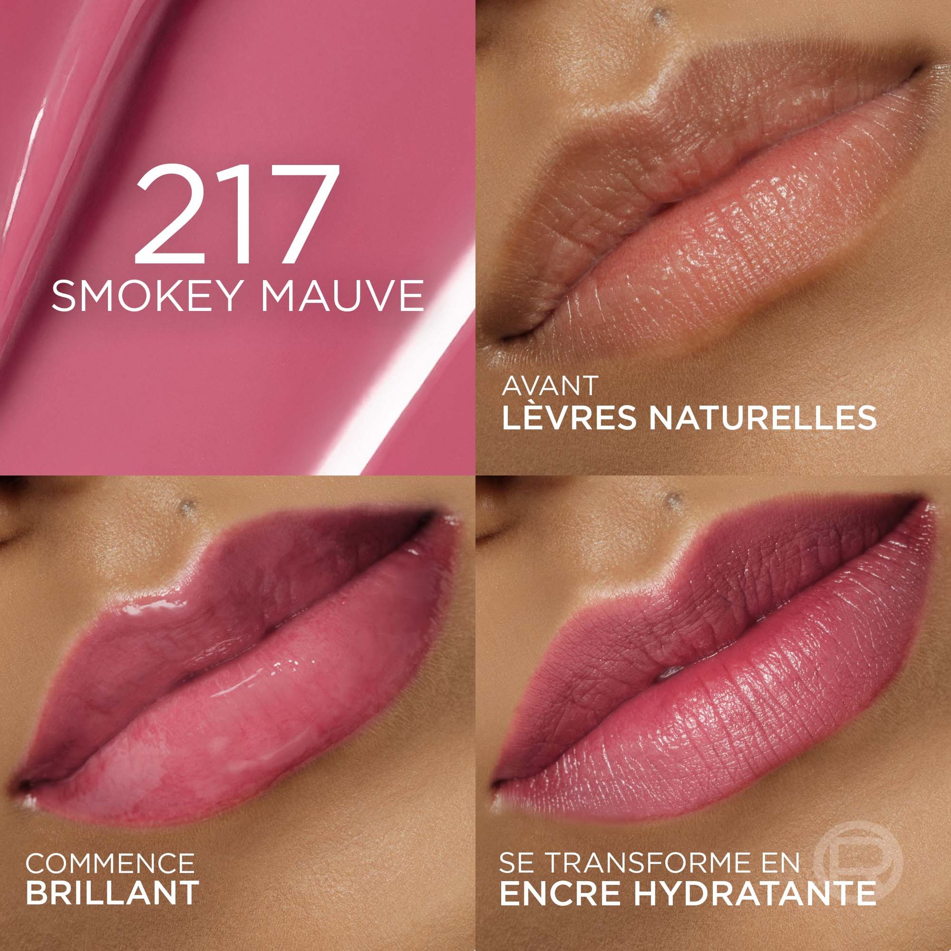 Un collage de quatre images présentant la teinte '217 SMOKEY MAUVE'. La première montre des lèvres nues ('AVANT LÈVRES NATURELLES'), la deuxième le produit en finition brillante ('COMMENCE BRILLANT'), et la troisième la finition mate et teintée ('SE TRANSFORME EN ENCRE HYDRATANTE'). Un fond mauve avec le numéro de la teinte et son nom est en haut à gauche
