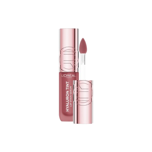 An open bottle of L'Oréal Paris Hyaluron Tint Lip Stain Serum, with the applicator pulled out, displaying the medium pink or nude shade of the product