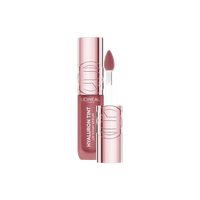 An open bottle of L'Oréal Paris Hyaluron Tint Lip Stain Serum, with the applicator pulled out, displaying the medium pink or nude shade of the product