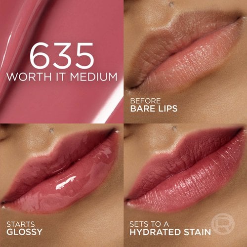 A four-panel collage showcasing the '635 WORTH IT MEDIUM' shade. The first panel shows bare lips before application, the second shows the product with a glossy finish ('STARTS GLOSSY'), and the third shows the matte, stained finish ('SETS TO A HYDRATED STAIN'). A medium pink background with the shade number and name is in the top left