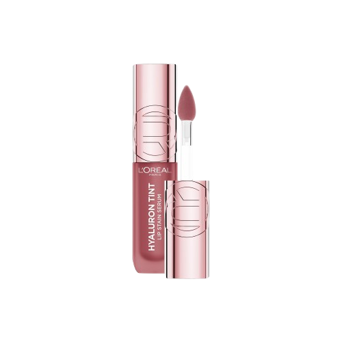 Un flacon ouvert du L'Oréal Paris Hyaluron Tint Lip Stain Serum, avec l'applicateur sorti, montrant la teinte rose moyen ou nude du produit.