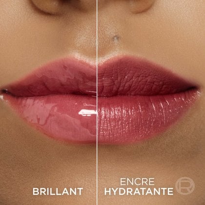 Une image divisée montrant des lèvres : le côté gauche avec un effet brillant ('STARTS GLOSSY') de la teinte '635 WORTH IT MEDIUM' et le côté droit avec une finition mate et teintée ('HYDRATED STAIN') de la même couleur.