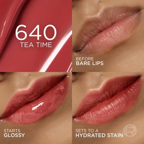 A four-panel collage showcasing the '645 BERRY JOLIE' shade. The first panel shows bare lips before application, the second shows the product with a glossy finish ('STARTS GLOSSY'), and the third shows the matte, stained finish ('SETS TO A HYDRATED STAIN'). A dark red background with the shade number and name is in the top left
