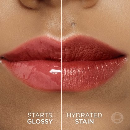 A split image showing lips: the left side with a glossy effect ('STARTS GLOSSY') and the right side with a matte, stained finish ('HYDRATED STAIN')
