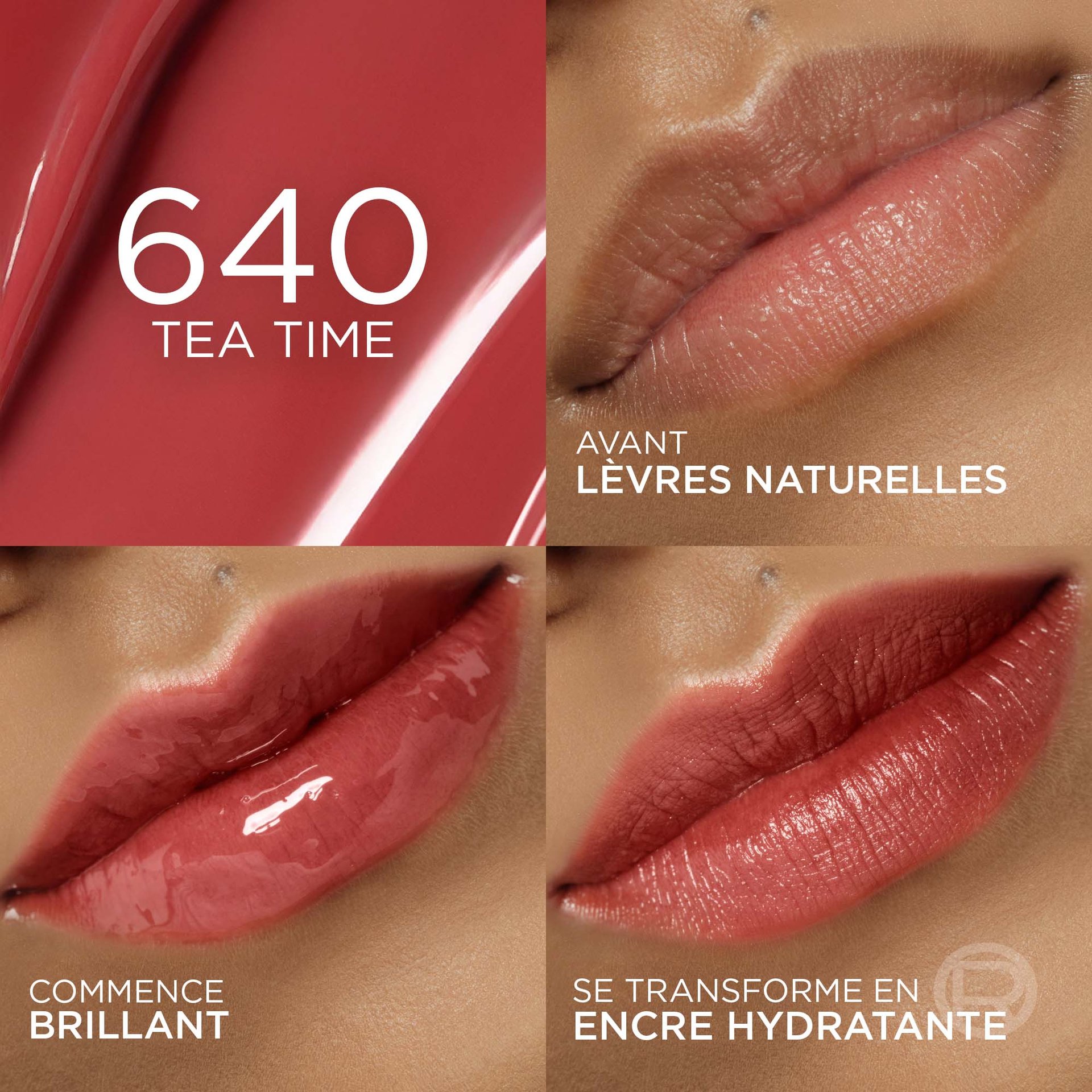 Un collage de quatre images présentant la teinte '640 TEA TIME'. La première montre des lèvres nues avant l'application, la deuxième le produit en finition brillante ('STARTS GLOSSY'), et la troisième la finition mate et teintée ('SETS TO A HYDRATED STAIN'). Un fond rouge-rose avec le numéro de la teinte et son nom est en haut à gauche.