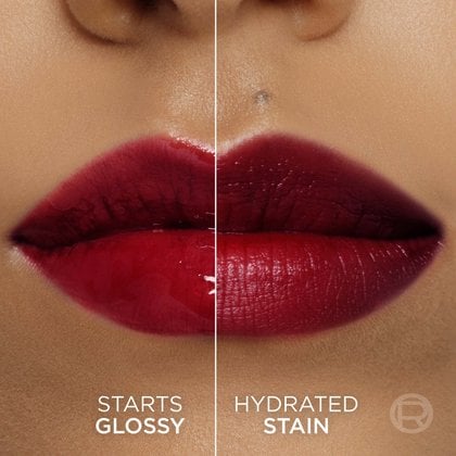 A split image showing lips: the left side with a glossy effect ('STARTS GLOSSY') of the 'ROUGE PARIS' shade and the right side with a matte, stained finish ('HYDRATED STAIN') of the same color.