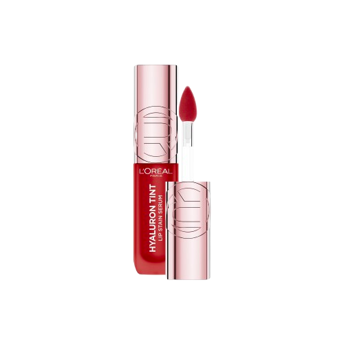Un flacon ouvert du L'Oréal Paris Hyaluron Tint Lip Stain Serum, avec l'applicateur sorti, montrant la teinte bordeaux profond ou prune du produit