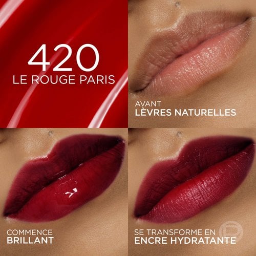 Un collage de quatre images présentant la teinte '420 LE ROUGE PARIS'. La première montre des lèvres nues ('AVANT LÈVRES NATURELLES'), la deuxième le produit en finition brillante ('COMMENCE BRILLANT'), et la troisième la finition mate et teintée ('SE TRANSFORME EN ENCRE HYDRATANTE'). Un fond rouge éclatant avec le numéro de la teinte et son nom est en haut à gauche.