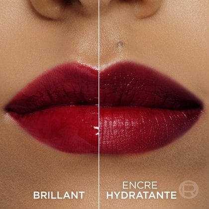 Une image divisée montrant des lèvres : le côté gauche avec un effet brillant ('BRILLANT') de la teinte 'LE ROUGE PARIS' et le côté droit avec une finition mate et teintée ('ENCRE HYDRATANTE') de la même couleur