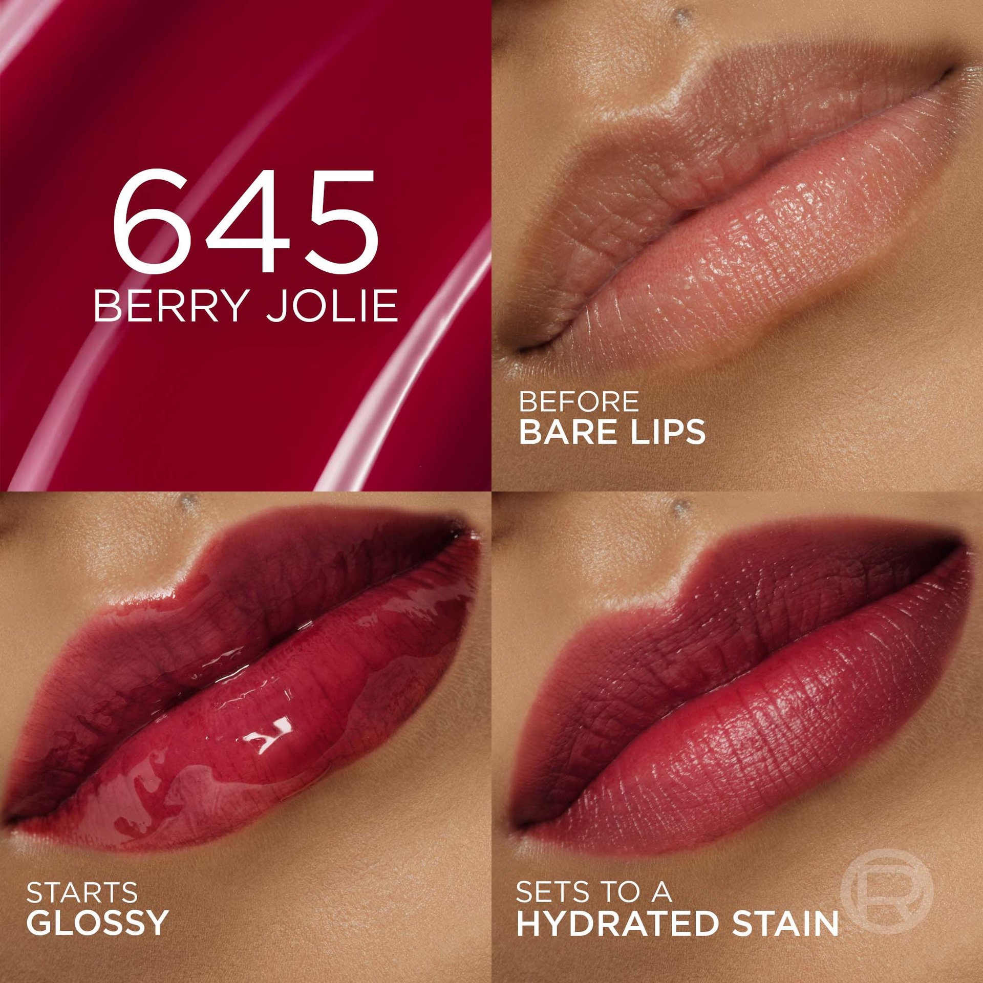 A four-panel collage showcasing the '645 BERRY JOLIE' shade. The first panel shows bare lips before application, the second shows the product with a glossy finish ('STARTS GLOSSY'), and the third shows the matte, stained finish ('SETS TO A HYDRATED STAIN'). A dark red background with the shade number and name is in the top left