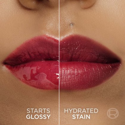 A split image showing lips: the left side with a glossy effect ('STARTS GLOSSY') and the right side with a matte, stained finish ('HYDRATED STAIN')