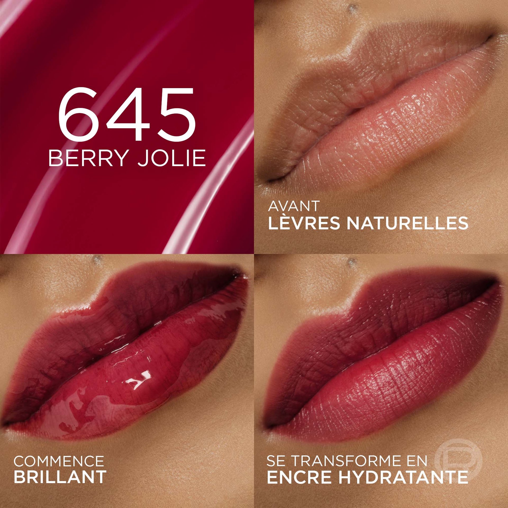 Un collage de quatre images présentant la teinte '645 BERRY JOLIE'. La première montre des lèvres nues avant l'application, la deuxième le produit en finition brillante ('STARTS GLOSSY'), et la troisième la finition mate et teintée ('SETS TO A HYDRATED STAIN'). Un fond rouge foncé avec le numéro de la teinte et son nom est en haut à gauche