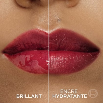 Une image divisée montrant des lèvres : le côté gauche avec un effet brillant ('STARTS GLOSSY') et le côté droit avec une finition mate et teintée ('HYDRATED STAIN').