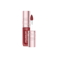 An open bottle of L'Oréal Paris Hyaluron Tint Lip Stain Serum, with the applicator pulled out, displaying the deep burgundy or plum shade of the product.