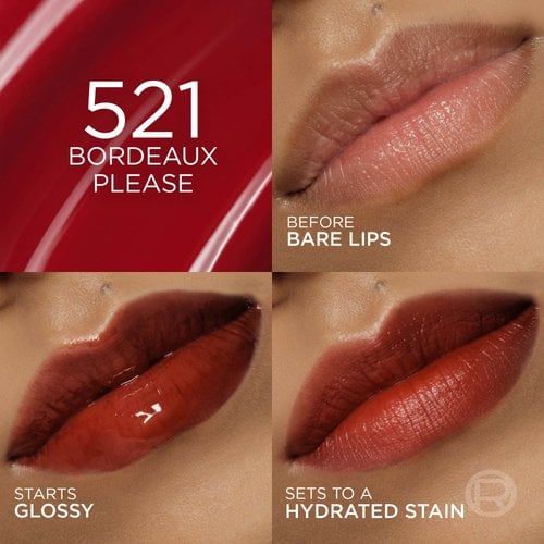 A four-panel collage showcasing the '521 BORDEAUX PLEASE' shade. The first panel shows bare lips before application, the second shows the product with a glossy finish ('STARTS GLOSSY'), and the third shows the matte, stained finish ('SETS TO A HYDRATED STAIN'). A dark red background with the shade number and name is in the top left.