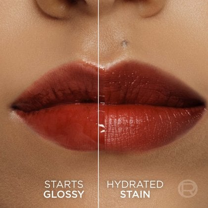 A split image showing lips: the left side with a glossy effect ('STARTS GLOSSY') of the 'BORDEAUX PLEASE' shade and the right side with a matte, stained finish ('HYDRATED STAIN') of the same color.